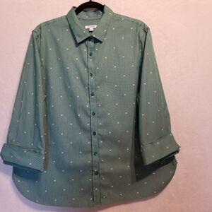 Chicos 3 (XL) Green Button Front Flip Cuff Stripped Polka Dot Cotton Stretch
